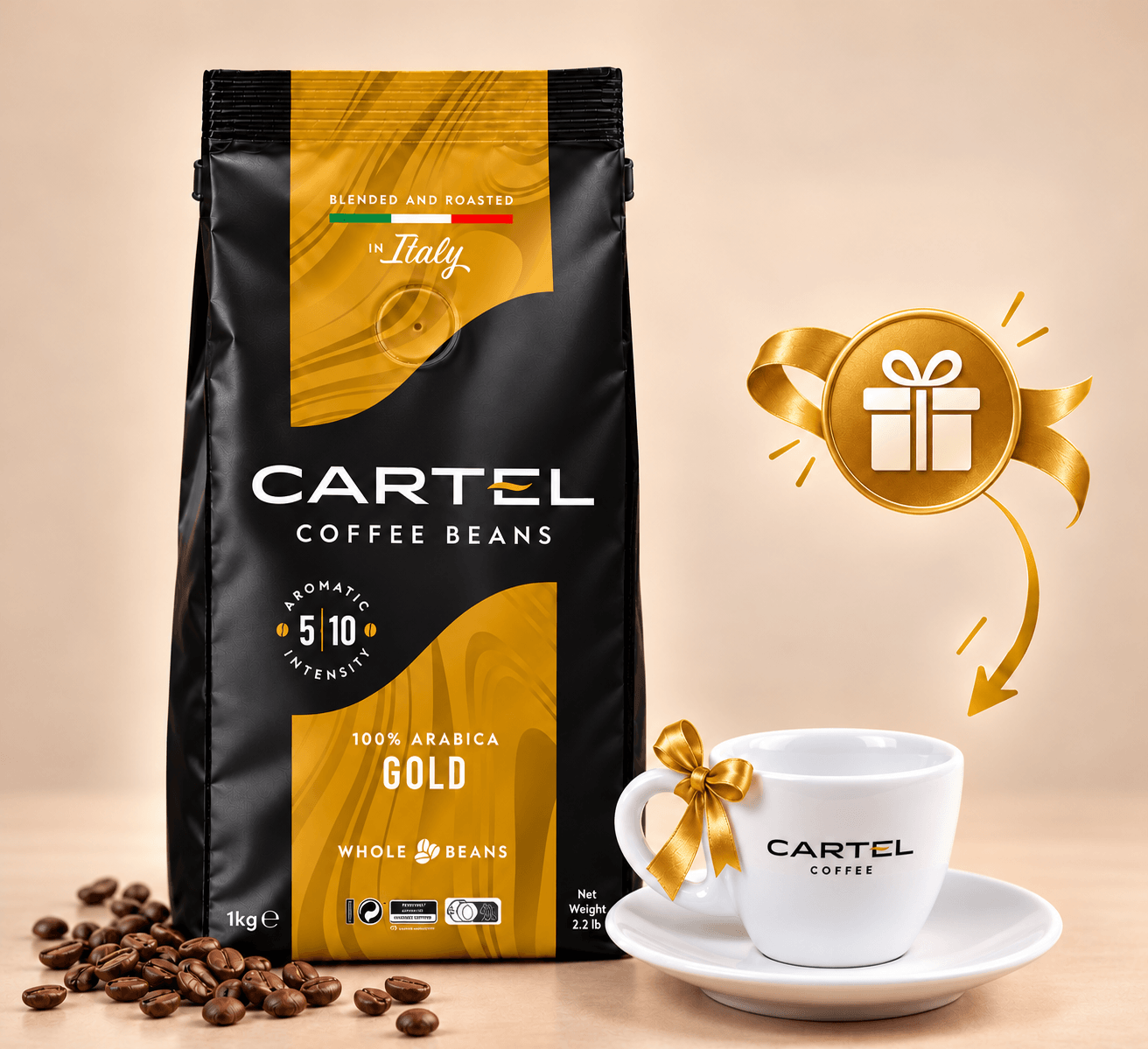 CARTEL Gold 1 кг кафе на зърна + порцеланова чаша подарък CARTEL Gold 1 кг кафе на зърна + порцеланова чаша подарък